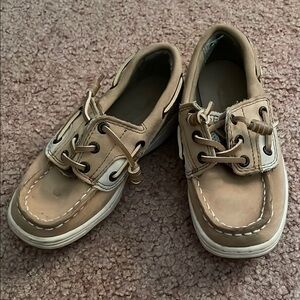 Sperry Tan and White Moccasins with Leather Laces